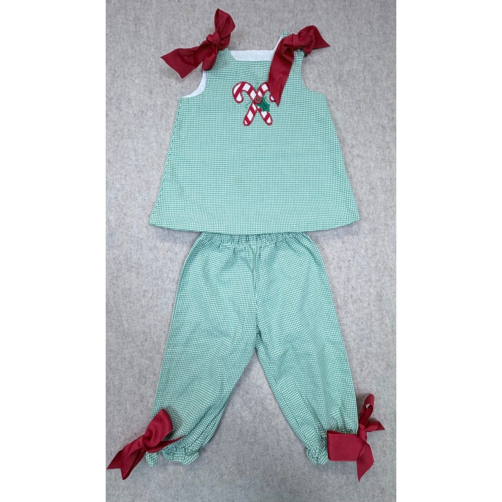 The Bailey Boys Pant Set Girls 12M Green Gingham Christmas Candy Cane Bows